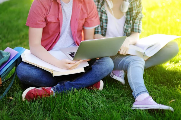 Giovani studenti felici con laptop, libri e appunti all'aperto — Foto Stock