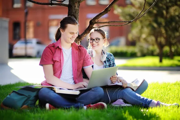 Jeunes étudiants heureux avec ordinateur portable, livres et notes à l'extérieur — Photo