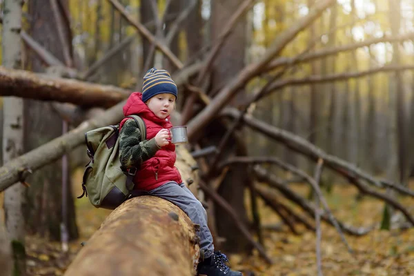 Маленький хлопчик-розвідник під час походів в осінньому лісі. Дитина відпочиває на великому опалому дереві і п'є гарячий чай . — стокове фото