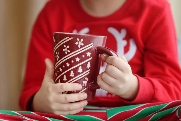 Little boy drinking hot cocoa in decorated cozy living room. Happy kid on Christmas time. — Stock Photo, Image