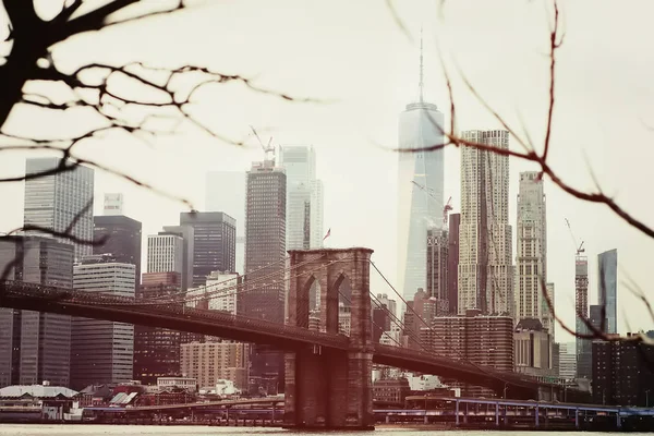 Izolované fotky mrakodrapů Manhattanu a Brooklynského mostu v zimním dni. Pohled z pohlednice na New York. — Stock fotografie