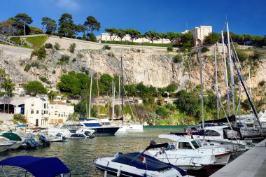 Monako, Monako - 28 Ocak 2020: Akdeniz 'de kayalıklarda yatları ve Prens Sarayı olan körfez. Kış, alçak mevsim.