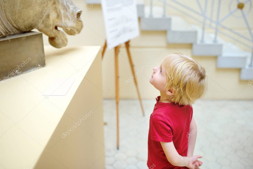 Little boy looking at sculpture of horse's head. Aesthetic and art education of kids.