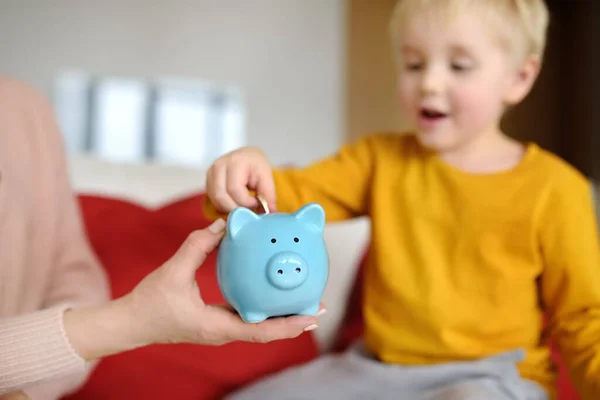 Mother Child Putting Coin Piggy Bank Education Children Financial Literacy — Stock Photo, Image