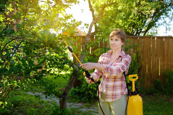 中年白种妇女喷洒树木对害虫 害虫或疾病植物 — 图库照片