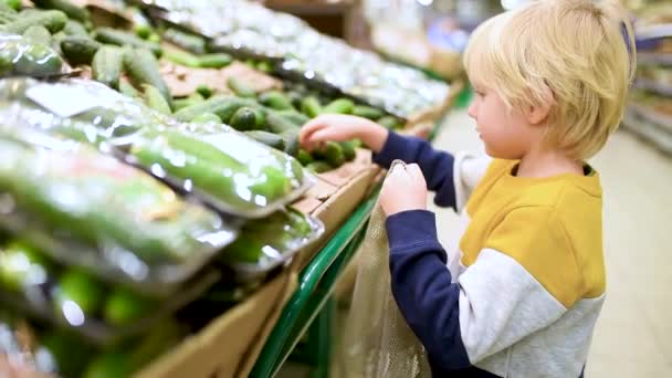 Cute Little Boy Wybierając Świeże Organiczne Ogórki Umieścić Siatce Torba — Wideo stockowe