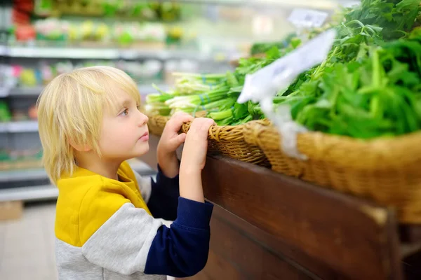 在食品店或超市里挑选新鲜有机绿色的可爱的小男孩 有孩子的年轻家庭的健康生活方式 — 图库照片