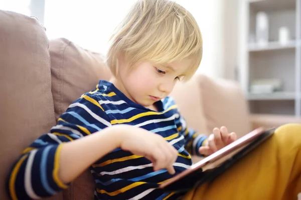 Preschooler Boy Learning Distance Tablet Playing Game Sitting Couch Home — Stock Photo, Image