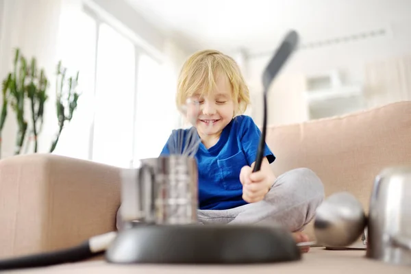 Mischievous Preschooler Boy Play Music Using Kitchen Tools Utensils Home — Stock Photo, Image