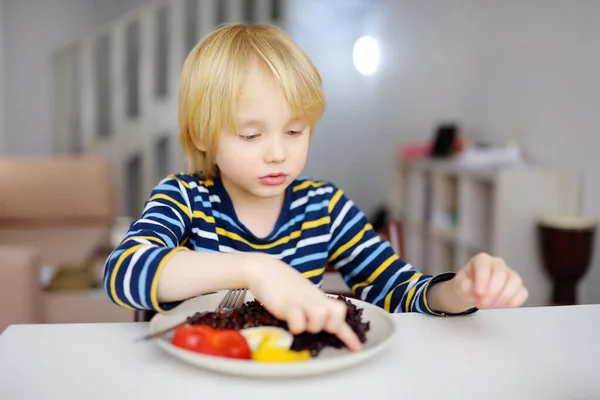 Little Boy Eating Healthy Dinner Kitchen Delicious Food Home Healthy — Stock Photo, Image