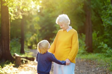 Sevgi dolu torunu, yaz parkında yürürken neşeli yaşlı büyükannesini şefkatle kucaklıyor. Anneler günü tatili. Ailenin iki nesli..
