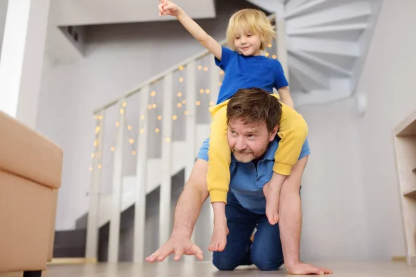 Happy Little Boy Rides Father Back Horse Fun Families Children — Stock Photo, Image