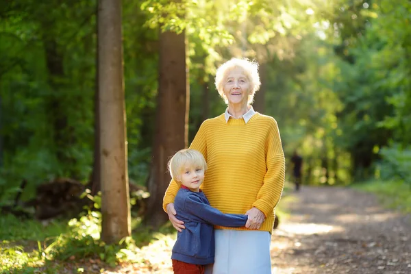 Älskade Sonson Omfamnar Ömt Sin Glada Äldre Mormor Promenaden Sommarparken — Stockfoto