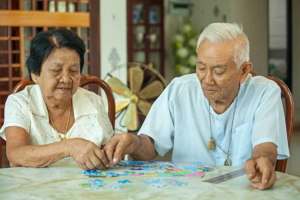 Asiático casal sênior jogando com um quebra-cabeça em casa — Fotografia de Stock