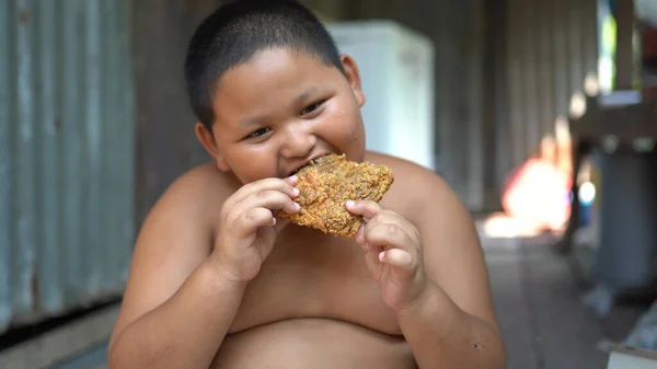 Asisn Gorda Chico Comer Pollo Aire Libre — Foto de Stock