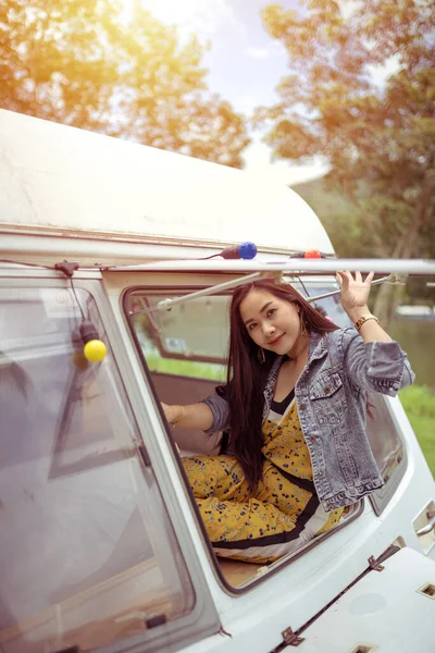 Beautiful Young Asian Woman Camper Van Summer Day — Stock Photo, Image