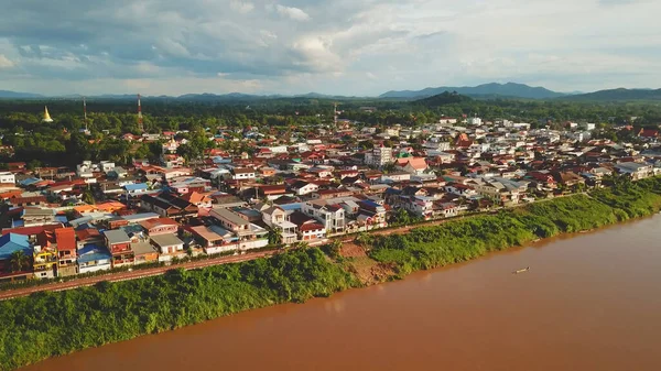 Zachód Słońca Lotu Ptaka Nad Rzeką Mekong Tajlandii — Zdjęcie stockowe