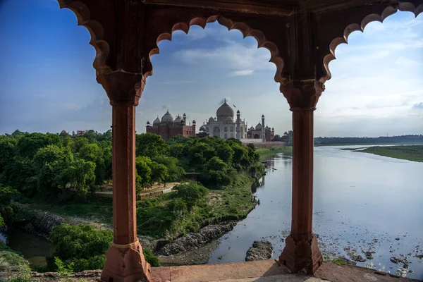 Taj Mahal Bei Sonnenuntergang Und Yamuna Fluss Agra Uttar Pradesh — Stockfoto