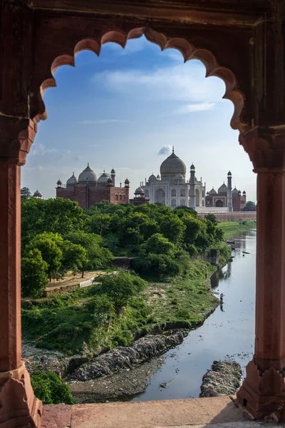 Taj Mahal Solnedgången Och Yamuna Floden Agra Uttar Pradesh Indien — Stockfoto