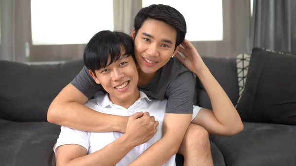 Asian Gay Couple Happy Together Home — Stock Photo, Image