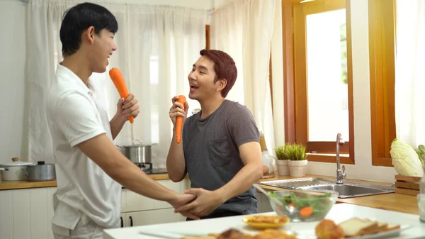 Asian Gay Couple Homosexual Cooking Together Kitchen — Stock Photo, Image