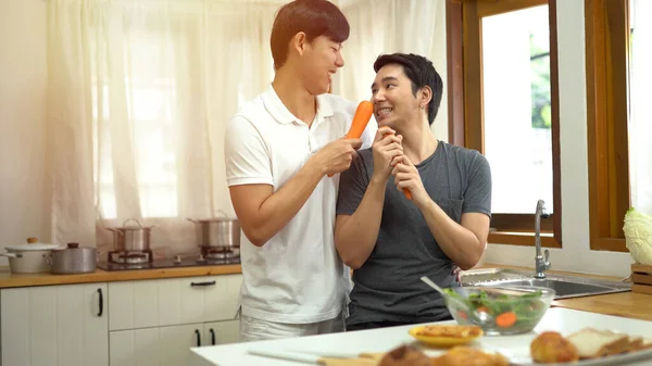 Asian Gay Couple Homosexual Cooking Together Kitchen — Stock Photo, Image