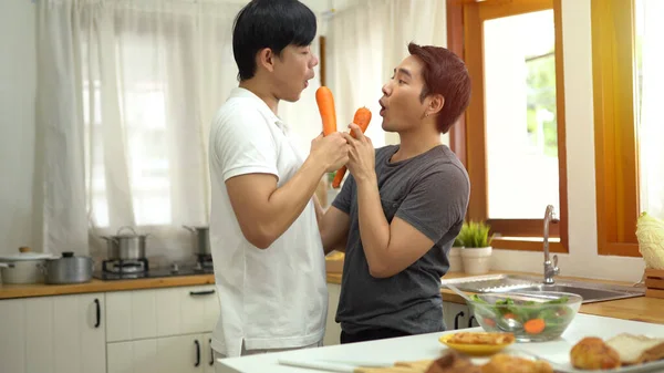 Asian Gay Couple Homosexual Cooking Together Kitchen — Stock Photo, Image