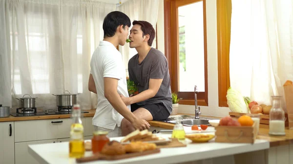 Asiatisch Gay Pärchen Homosexuell Cooking Zusammen Die Küche — Stockfoto