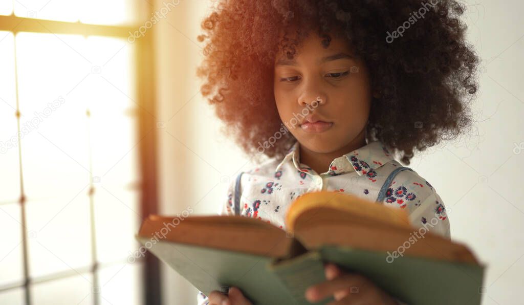 African Girl reading text book in home