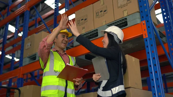 Give High Five Warehouse Worker Having Fun Warehouse — Stock Photo, Image