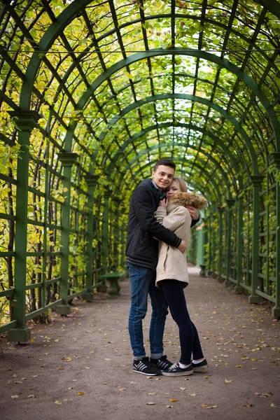 Una chica joven y un chico están caminando por el parque, abrazándose y besándose. humor romántico — Foto de Stock