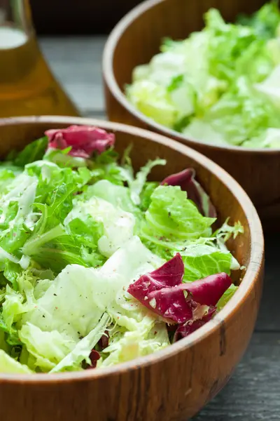 Een schotel van verse salade-frisse, Romano en radiccio met olijfolie, zout en vers grond percec in een houten kom — Stockfoto