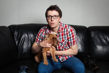Portre portre, kırmızı gömlekli, iki köpek, tarassut Tv, uzaktan kumanda, holding ile siyah deri kanepede oturan genç adam ne görürse şaşırttı. O sürpriz bir kırmızı köpek yakaladı