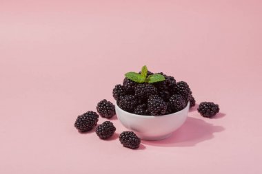 Taze Kırmızı Ahududu pembe bir arka plan üzerinde beyaz kase. Kopya alanı.