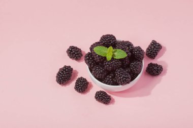 Taze Kırmızı Ahududu pembe bir arka plan üzerinde beyaz kase. Üstten Görünüm. Kopya alanı.