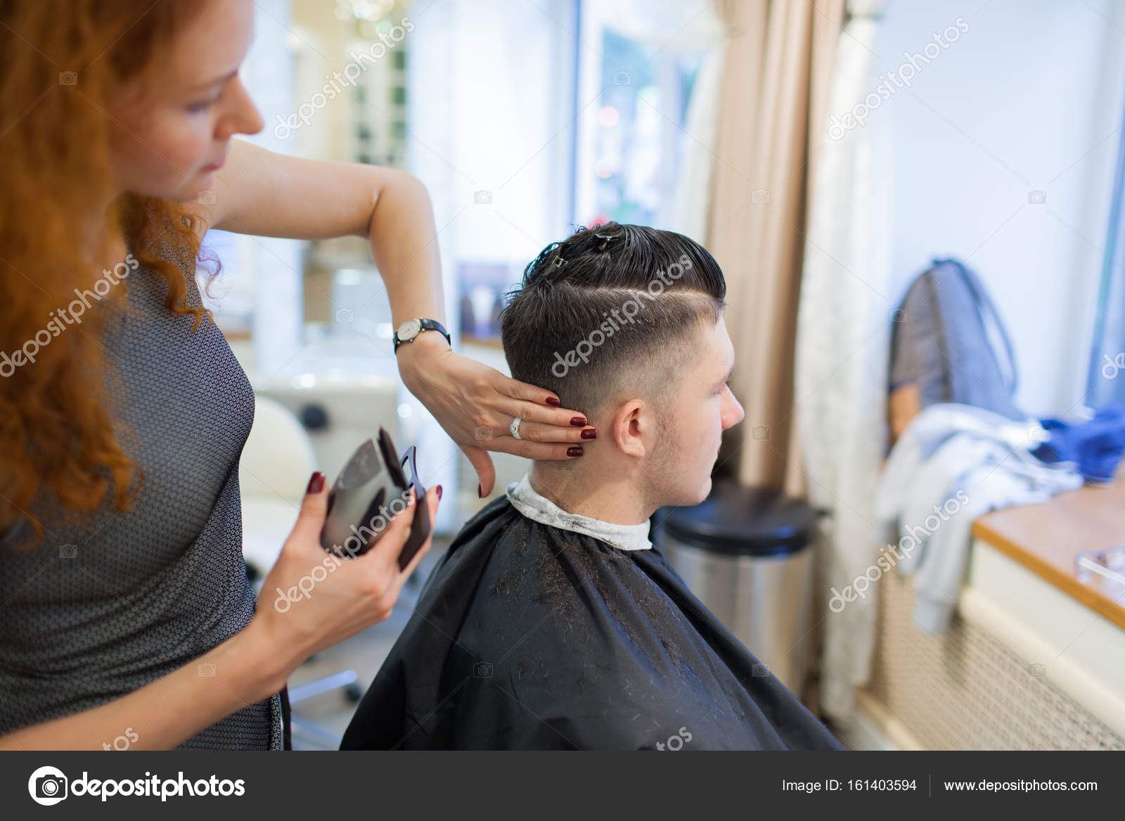 Girl Hairdresser With Curly Red Hair Cuts Young Handsome