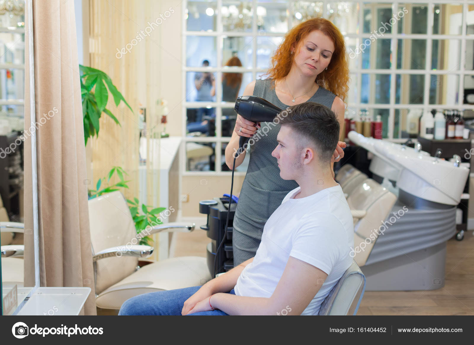 Male Client Getting Haircut Girl Hairdresser Dries My Hair A