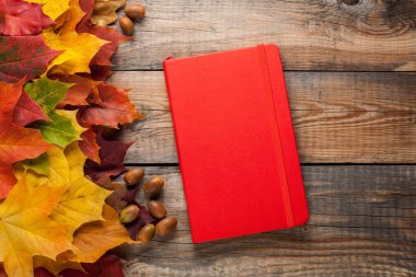 Eski ahşap masa üstünde kırmızı not etmek. Karışık akçaağaç sonbahar yaprakları ve meşe palamutları yanındaki kapalı bir defter