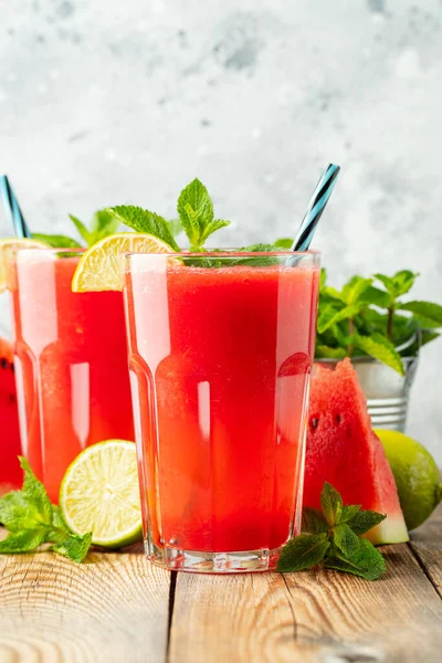 Watermelon Slushie Lime Mint Summer Refreshing Drink Tall Glasses Light — Stock Photo, Image