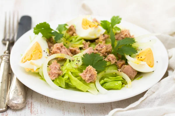 Frsh салат с тунцом и вареное яйцо на белой тарелке — стоковое фото