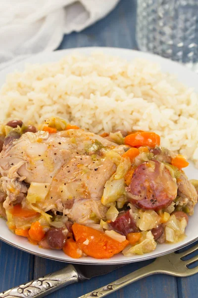 Meat with cabbage, beans and smoked sausages — Stock Photo, Image