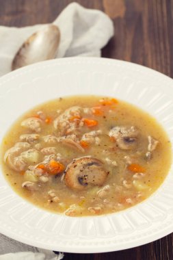 Beyaz tabak içinde mantar çorbası