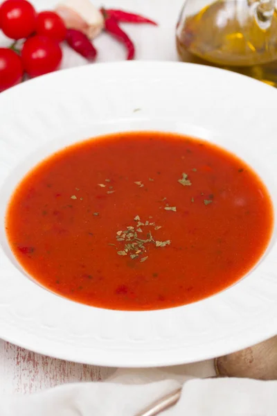 Tomato soup in white plate — Stock Photo, Image