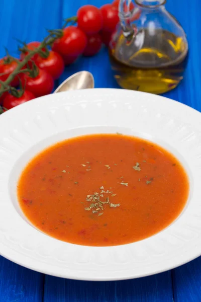 Tomato soup in white plate — Stock Photo, Image