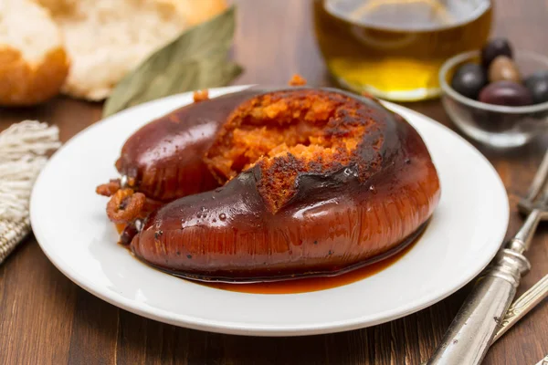 Grilled poartuguese sausage farinheira on white plate — Stock Photo, Image