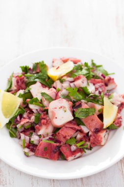 ahşap arka plan üzerinde beyaz çanak limon ahtapot salatası