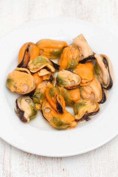 морепродукты на белом фоне на голубом деревянном фоне
