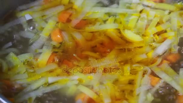 Приготовление овощного супа с ложкой для смешивания — стоковое видео