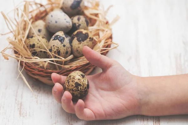 Перепелині яйця в руках хлопчика і на дерев'яному фоні — стокове фото
