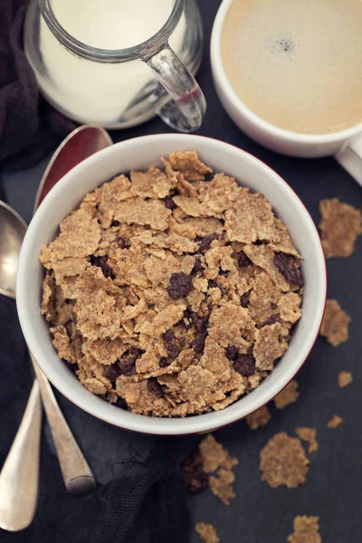 Cereals with chocolate cereals in red bowl — Stock Photo, Image